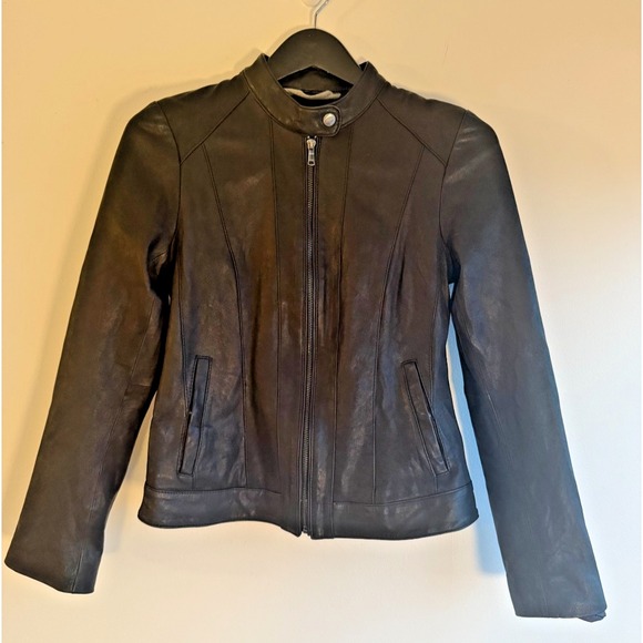 Cole Haan Women's Size Medium Racer Leather Jacket Black Moto Style EUC Classic - Picture 4 of 9